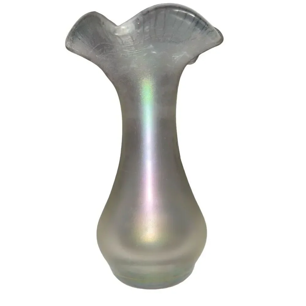 Vintage Iridescent Stretch Glass Ruffled Rim Vase7 3/4